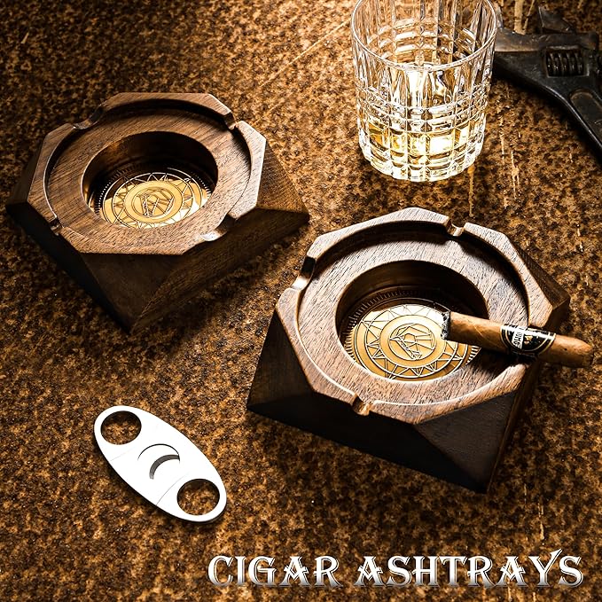 Wooden Cigar Ashtray Accessories for Cigarettes - Indoor Outdoor Patio Home Office Use - Quadrangular Wooden Brown Ash Tray Gift Set for Men Great Decor for Home Office or Bar