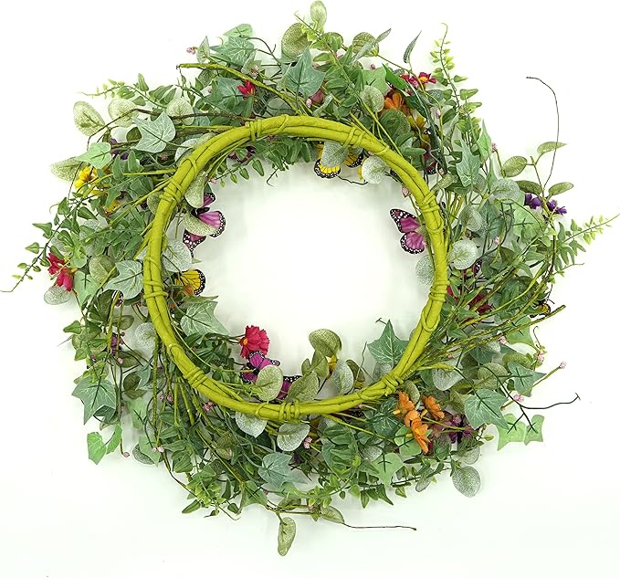 20" Artificial Spring Summer Wreath with Fake Butterflies,Eucalyptus Leaves,Daisy,Dry Vine Branches,Fern Leaves for Front Door Indoor Outdoor Farmhouse Wall Holiday Decor, White Gift Box Included