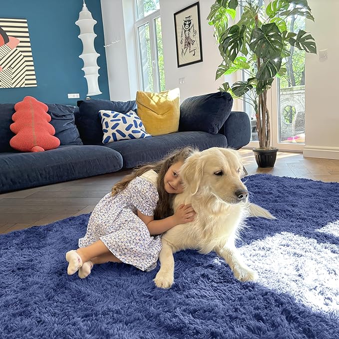 OLANLY 2x3 Machine Washable Small Bedside Rug, Soft Fluffy Shaggy Entryway Throw Rugs for Bedroom, Living Room, Indoor Floor Carpet for Kids Girls and Boys, Home Decor Aesthetic, Denim Blue