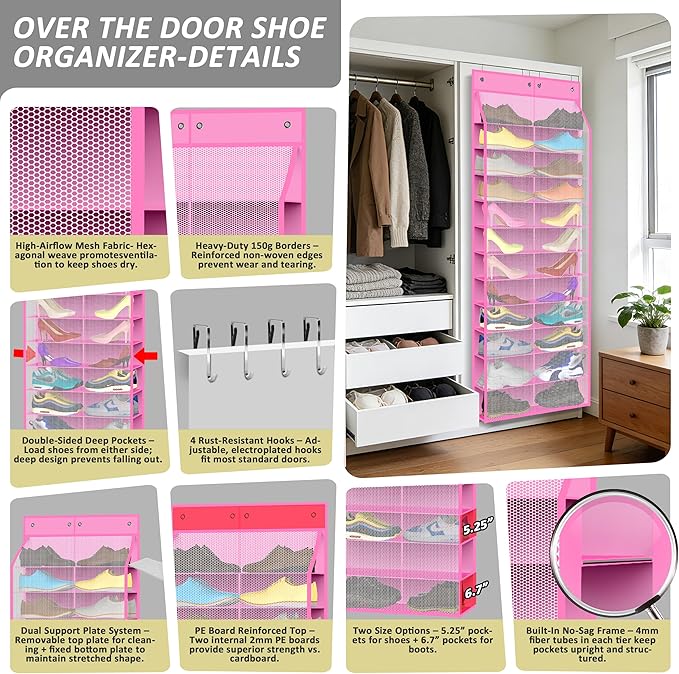 24-Pair Over Door Shoe Organizer for Family & Kids, Double Sided | Hanging Storage for Sneakers, Boots, Toys & Room OrganizationRose Quartz