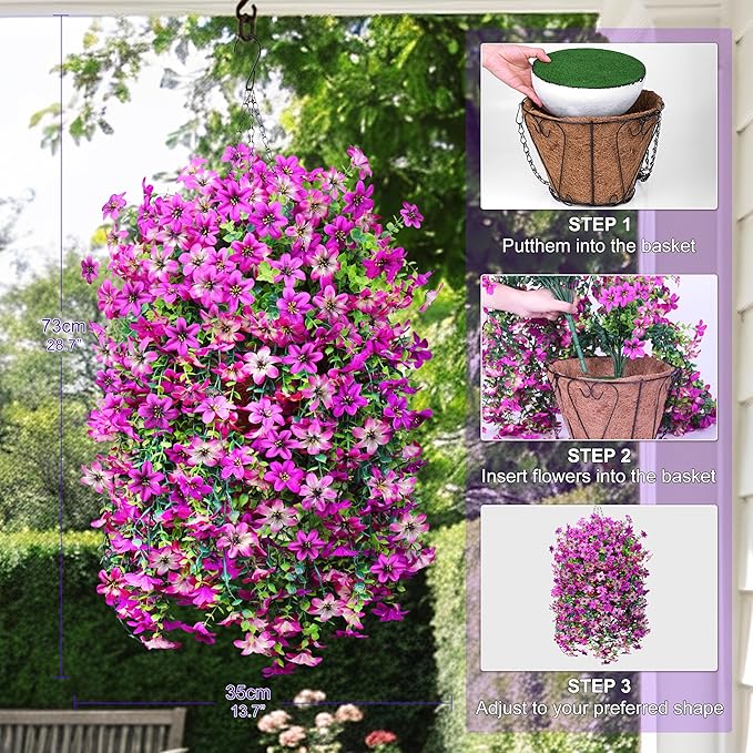 INQCMY Artificial Hanging Flowers Decoration, 4pcs Fake Floral Basket Plants for Outdoor Porch, Faux Shrubs Home Spring Decor UV Resistant Potted Violets for Outside Garden No Fade