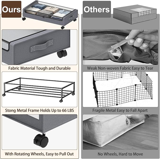Under Bed Storage with Wheels - 2Pack 60L Underbed Storage Containers with Clear Lid & Label, Rolling Under Bed Storage Bins for Clothes, Shoes, Blankets (XL,Grey)
