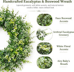 26 Inch Large Artificial Boxwood Wreath for Front Door All Season, Summer Wreaths with 2 Sashes, Baby's Breath, Eucalyptus and Flower Buds, Farmhouse Greenery Decor for Outdoor, Porch, Home