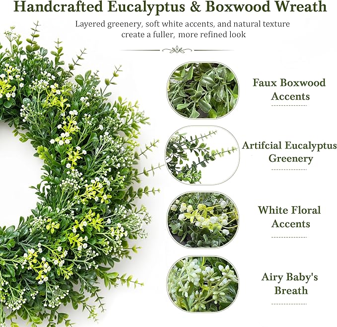 26 Inch Large Artificial Boxwood Wreath for Front Door All Season, Summer Wreaths with 2 Sashes, Baby's Breath, Eucalyptus and Flower Buds, Farmhouse Greenery Decor for Outdoor, Porch, Home