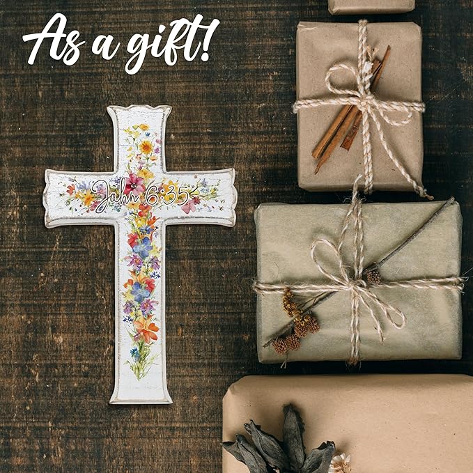 VZVCTFS White Multicolored Wildflowers Cross Wall Decor with Scripture - John 6:35 Wooden Christian Sign, Rustic Farmhouse Inspirational Gift for Home, Easter Christmas Hanging Art (6.5x10 Inch)（A07）