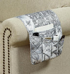 Brilliant Sunshine Grey Flowers Patchwork Couch Armrest 5 Pockets Organizer, Slip Resistant Recliner Armchair Caddy, Washable Remote Controls Holder, Storage for Magazine, Tablet, Phone, iPad, Grey