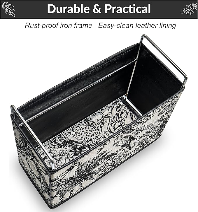 Jungle Theme Magazine Holder - Black & White Embroidered Fabric Magazine Rack Floor, Vintage Faux Leather Newspaper Book Basket Box for Bathroom, Living Room and Toilet (Random Pattern)