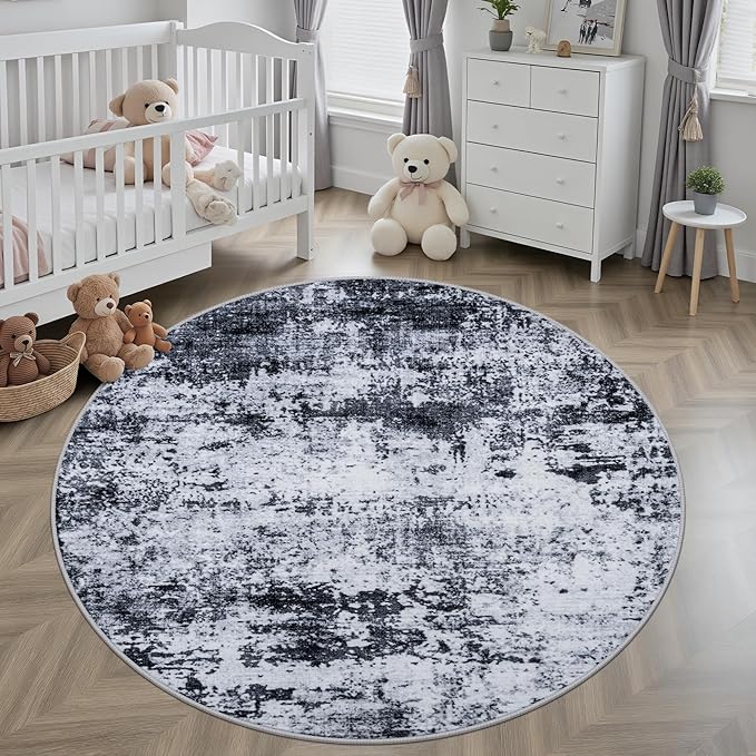 Round Area Rug for Living Room: 6 ft Washable Modern Abstract Soft Thin Rug Indoor Floor No Slip Stain Resistant Carpet for Bedroom Dining Room Farmhouse Nursery Home Office - Black