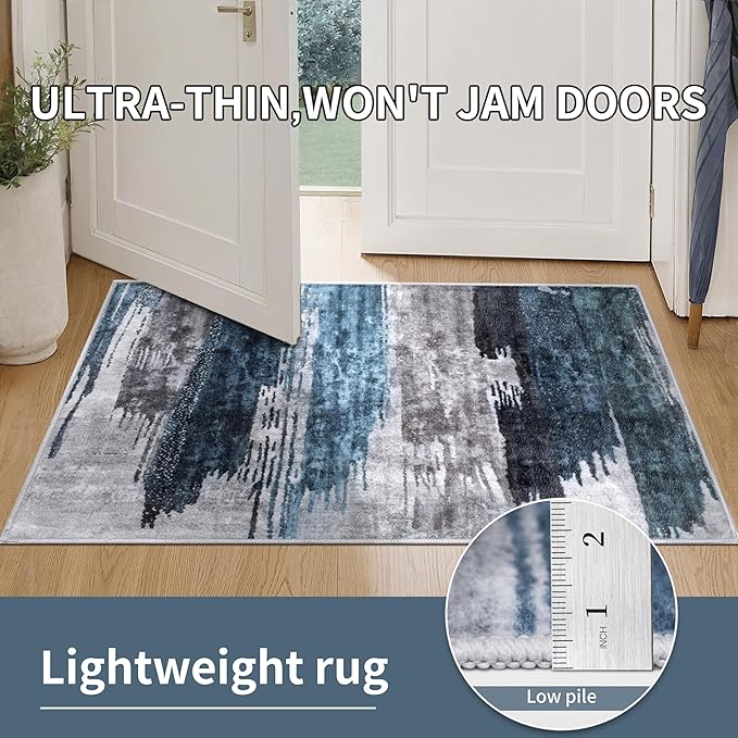 Ciicool Modern Abstract Area Rug 2x3 Washable Small Entryway Rug, Non-Slip Low Pile Throw Rug, Foldable Kitchen Bathroom Rugs, Blue Grey Floor Carpet for Entrance Living Room Bedroom Indoor Doormat