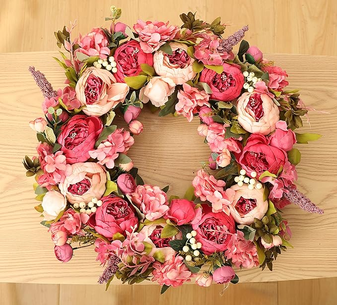 Peony Wreaths for Front Door | 23 inch Spring Front Door Wreath Summer Fall Wreaths for Outside Door or Window Decor