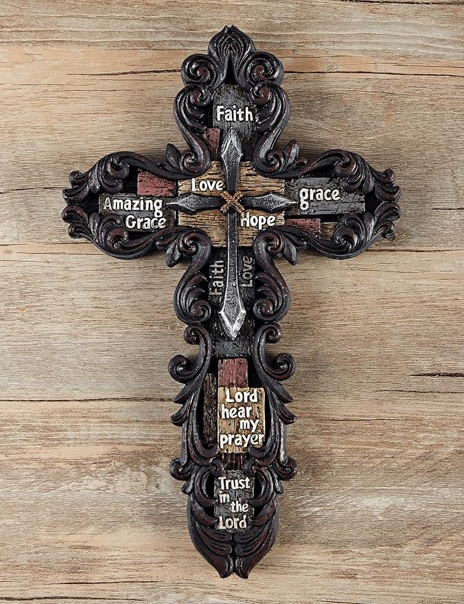 Eagrafts Decorative Resin Wall Cross With Encouraging Words and Phrases, Faux Iron Cross, Home Wall Decor