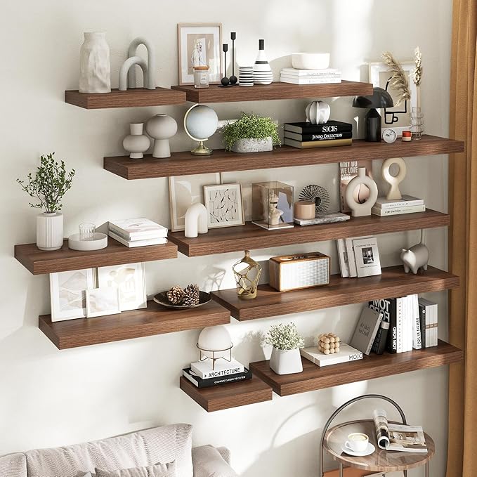 55 Inch Long Floating Shelves for Wall Set of 2, 12"D Wood Grain Bathroom Shelves with Invisible Brackets, Easy Install Engineered Wood Storage Shelves for Kitchen, Living Room, Bedroom, Walnut Finish