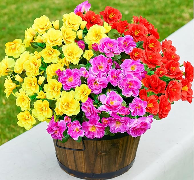 HyeFlora Artificial Fake Camellia Flowers Plants for Outdoor Outside Spring Summer Decor, Faux Silk Mixed UV Resistant Look Real Flowers for Planter Front Door Porch Patio Balcony, 3 Large Bundles