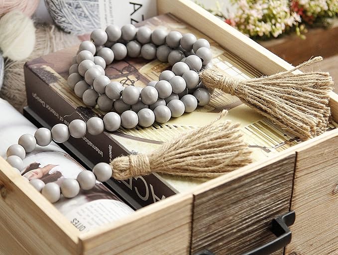 58in Wood Bead Garland with Tassels, Farmhouse Rustic Country Decor Prayer Boho Wall Hanging Decoration (Gray)