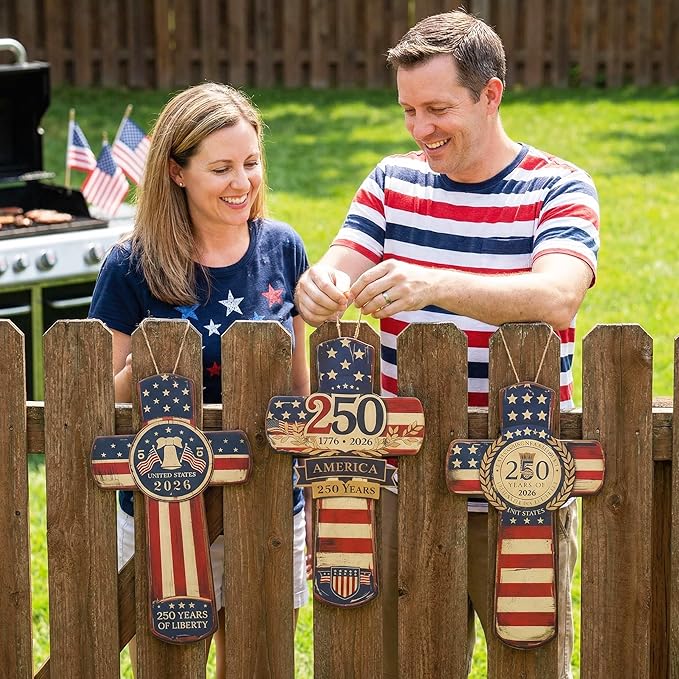 YOYAI American Flag Cross Wall Decor – 250th Anniversary USA 1776–2026 – Patriotic Christian Wooden Cross – Vintage Rustic Wall Art – Meaningful Gift for Home, Veterans, Family