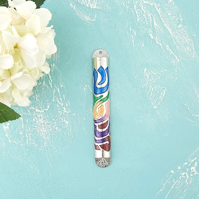 Matashi Hand Painted Multi Color Enamel 6 inch Mezuzah Embellished with Hebrew Shin Home Door Wall Decor Home Décor Jewish Holiday Housewarming Present House Blessing Gift for Holiday Festival