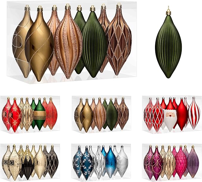 JORNOY Finial Drop Christmas Ornaments for Tree Decorations, 150mm/6inch Shatterproof Plastic Hanging Large Tear Drop Baubles Bulk for Holiday Home Party Decor with String, 8 Pack, Earth Tone