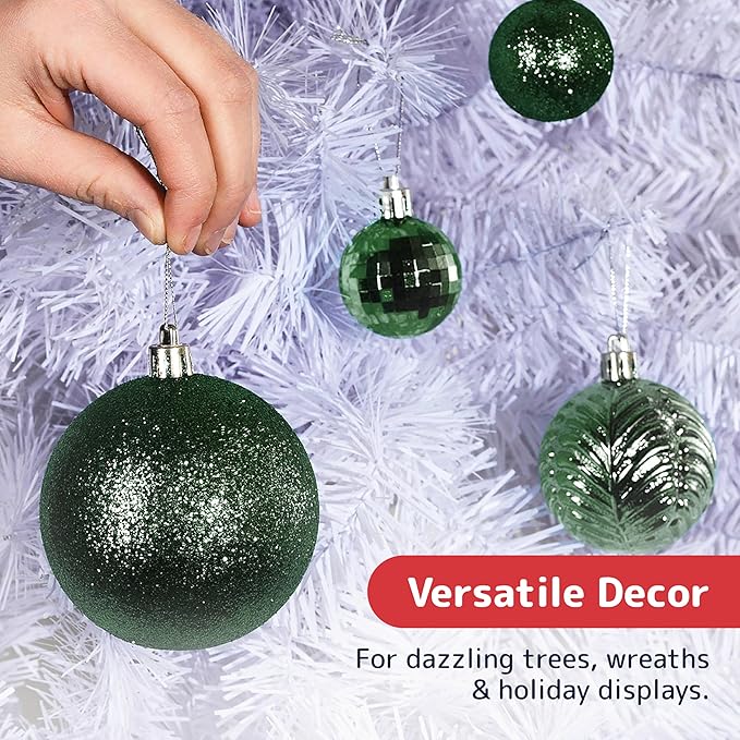 Prextex 36 Piece Christmas Ornaments Set - Emerald Green Christmas Tree Decorations - Shatterproof Ball Ornaments in Small, Medium, and Large Sizes - Durable Holiday Decor for Indoor and Outdoor Use