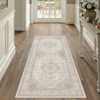 Beige Area Rug 2x4 Washable Vintage Carpet Entryway Kitchen Soft Retro Low Pile Thin Door Mat Non Slip Oriental Medallion Throw Small Rug for Bathroom Office Bedroom Dining Room