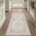 Beige Runner Rug 2x5 Washable Vintage Carpet Hallway Kitchen Soft Retro Low Pile Thin Indoor Bedroom Non Slip Oriental Medallion Long Throw Rug for Bathroom Laundry Dining Room