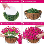 INSPRING Artificial Fake Hanging Flowers Baskets for Outdoors Spring Plants, UV Resistant Outdoor Faux Silk Petunias in Planter Look Real Morning Glory for Outside Patio Porch Balcony Garden, Fuchsia