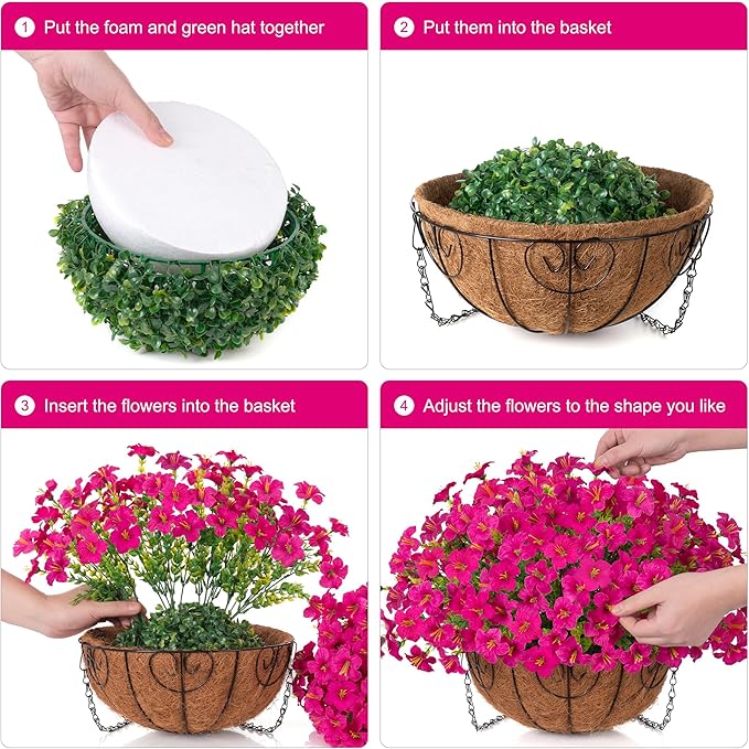 INSPRING Artificial Fake Hanging Flowers Baskets for Outdoors Spring Plants, UV Resistant Outdoor Faux Silk Petunias in Planter Look Real Morning Glory for Outside Patio Porch Balcony Garden, Fuchsia