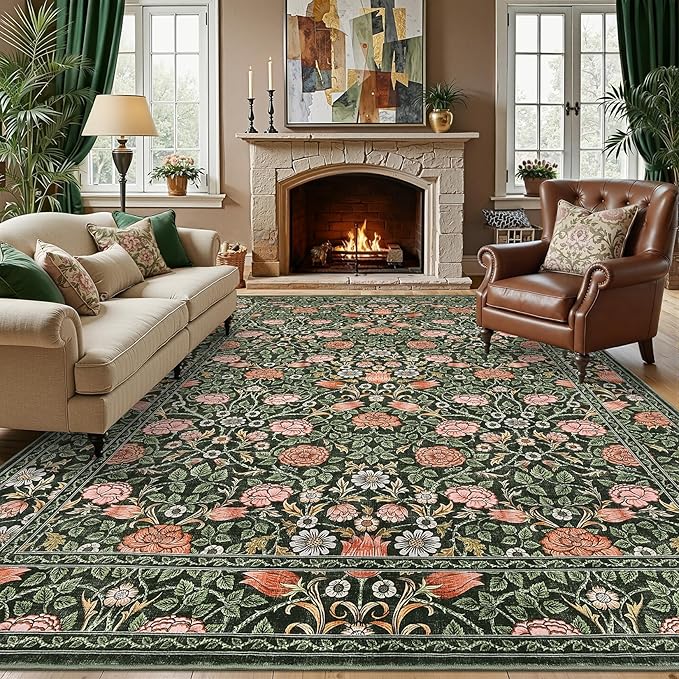 GarveeHome Dark Green Vintage Floral Washable 6x9 Area Rugs for Living Room Boho Botanical Retro Rug Low Pile Stain Resistance Non Slip Carpet for Bedroom Nursery Dining Room