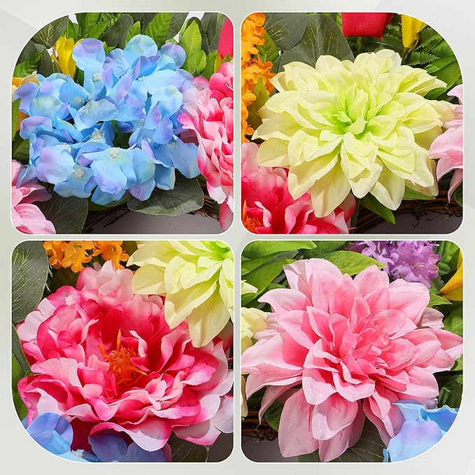 18 Inch Spring Wreaths for Front Door with Dahlias, Hydrangeas, Peonies, Eucalyptus - Artificial Spring Summer Front Door Wreath for Farmhouse, Porch, Window, Wedding, Indoor Outdoor Home Decor