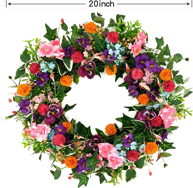 WreathDream Spring Summer Wreaths for Front Door Pansy Wreath with Pink Cherry Blossoms,Small Ball Bhrysanthemum for Indoor Outdoor Farmhouse Home Porch Wall Window Festival Wedding Decor