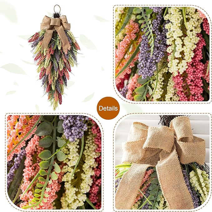 Glitzhome Pink, Purple & Yellow Mixed Heather Teardrop Swag 28" Artificial Spring Teardrop Swag Wreath for Front Door Porch Wall Window Decor
