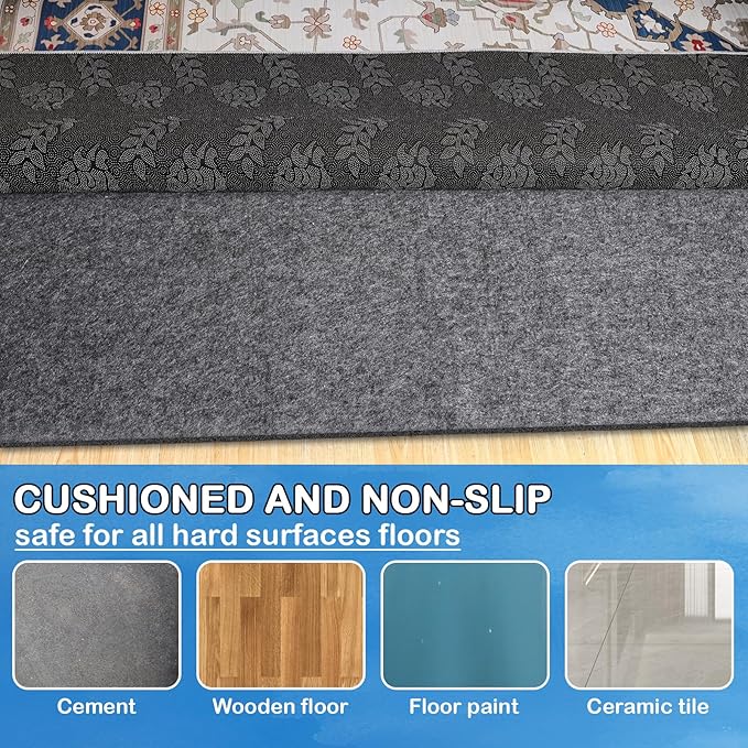 Non-Slip Rug Pads 1/4” Thick, 2x10Ft Waterproof Rugs Non Skid Rug Pad for All Floors and Finishes Durable Hardwood Floor Protective Felt Keeps Rugs in Place, Safe and Secure