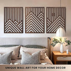 qmmp Modern Wooden Wall Sculptures - Set of 3 - Home Decor Accent - Large Wall Art for Living Room, Bedroom, Office - Easy Installation (Walnut, Large - Mountain and Sun, Unframed)