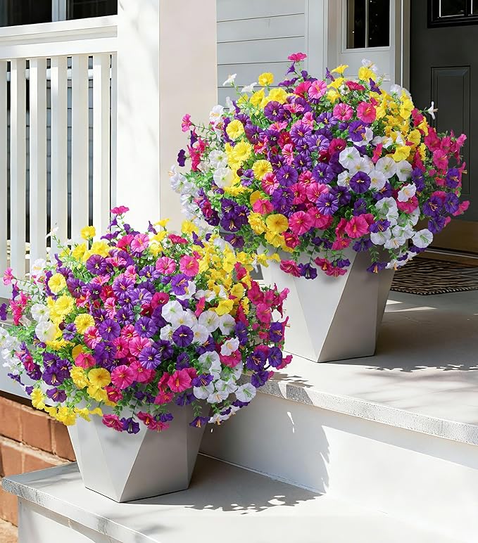 Ivydale 24 Bundles Artificial Flowers for Outdoors Faux Plants Spring Outdoor Decoration Faux Silk Morning Glory with Eucalyptus Realistic UV Resistant for Outside Porch Patio Window Garden Yard Home