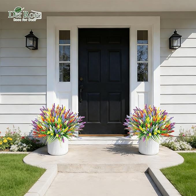 Der Rose 24 Bundles Artificial Flowers for Outdoors Fake Lavender Flowers UV Resistant Faux Plants Monkey Grass for Garden Porch Fence Patio Window Box Decor（Colorful）