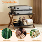 Heybly Luggage Rack, Folding Suitcase Stand with Storage Shelf, Heavy-Duty Luggage Holder for Guest Room Bedroom Hotel, Holds up to 165 lb, Walnut, HLR010WB2