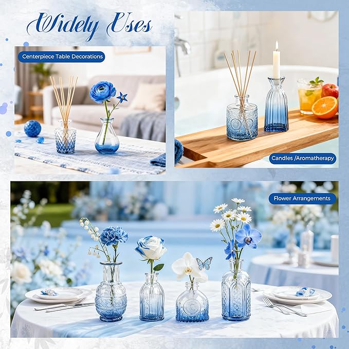 Der Rose Blue Glass Bud Vases Set of 30, Small Bud Vases for Flowers, Rustic Wedding Centerpieces and Home Decor