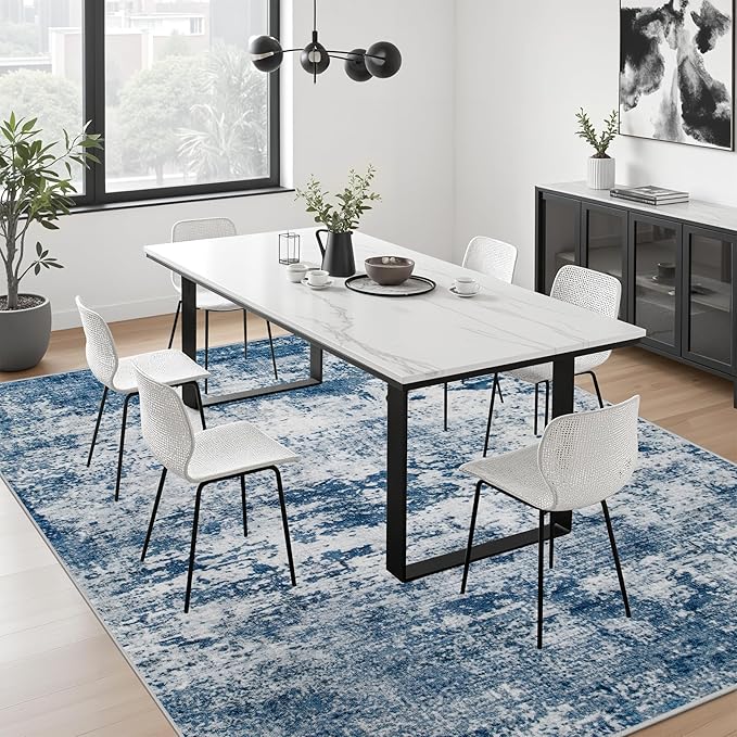 6x6 Area Rug Living Room Rug: Washable Modern Abstract Soft Thin Rug Indoor Floor No Slip Stain Resistant Carpet for Bedroom Dining Room Farmhouse Nursery Home Office - Blue