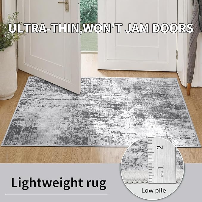 Ciicool Abstract Area Rug Indoor, 3x5 Washable Entryway Rug, Modern Soft Throw Rug with Non-Slip Backing Ideal for Bedroom Living Room Entrance Kitchen, Non-Shedding Low-Pile Floor Carpet Doormat Gray