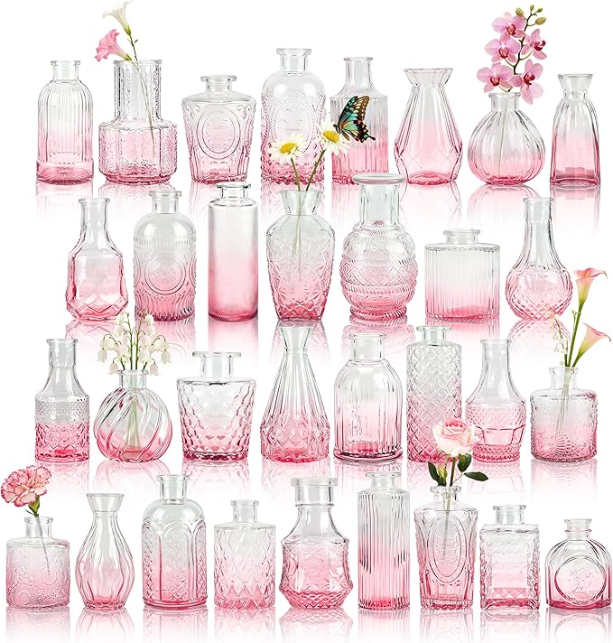 Der Rose Glass Bud Vases Set of 32 Small Pink Flower Vases for Rustic Wedding Centerpieces Table Decorations and Home Office Decor(Pink)