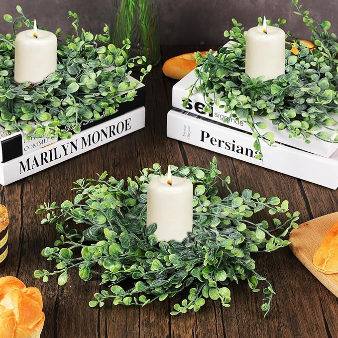 4 Pcs Mini Spring Wreaths Boxwood Table Centerpieces Green Pillars Candle Rings Wreaths 9 Inch Wreath for Cabinets Farmhouse Wreath with Ribbon for Front Door Porch Wall Window Decoration