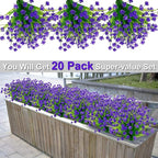 TURNMEON 20 Bundles Artificial Flowers for Outdoors Fake Plants Spring Decor, UV Resistant Artificial Plants Cemetery Flowers Faux Plastic Greenery Shrubs for Home Porch Summer Decor 500 Heads(Purple)