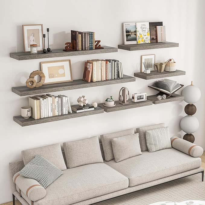 RICHFOCUS 72Inch Floating Shelves for Wall 1 Pack Shelves for Bedroom|Kitchen|Bathroom Wall Mounted Rustic Wood Floating Shelf with Invisible Brackets for Books|Storage|Decor, Grey
