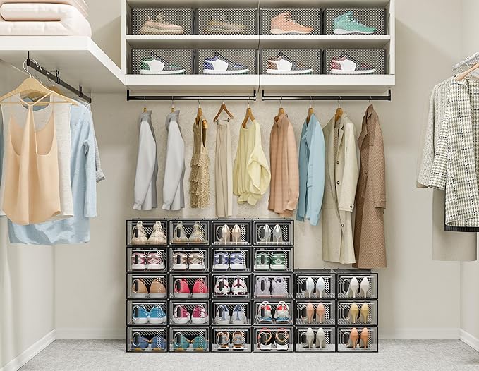 Shoe Storage, 12 Pack Shoe Organizer for Closet, Shoe Boxes Clear Plastic Stackable Shoe Containers with Lids for Size 10, Black