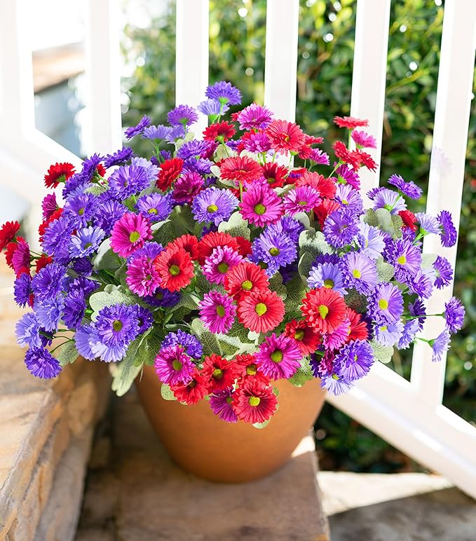 HyeFlora Artificial Flowers for Outdoors Spring Summer Decor, 6 Bundles Fake Daisy Silk Flowers for Outside Realistic UV Resistant Outdoor Faux Plants for Planters Porch Patio Garden Yard Home, Mixed