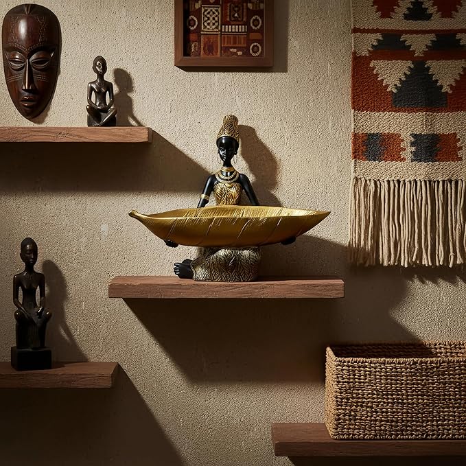 Lescafita African Woman Resin Tray Statue, Gold Leaf Decorative Sculpture, Handmade African Figurine Tray for Jewelry, Keys, Coins, Home Table Centerpiece Decor, Cultural Art Gift