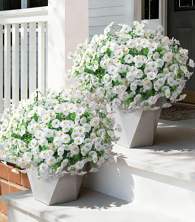 Ivydale 24 Bundles Artificial Flowers for Outdoors Spring Outside Decoration, Faux Silk Petunias White Fake Flowers Bluk Realistic UV Resistant Plants for Outdoor Planters Porch Patio Garden Yard Home