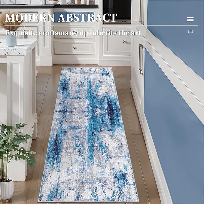 Ciicool 2x6 Washable Runner Rug, Modern Abstract Hallway Rugs Runner, Non-Slip Thin Accent Rug Lightweight Grey Blue White Print Distressed Carpet for Laundry Entryway Bedroom Kitchen Indoor