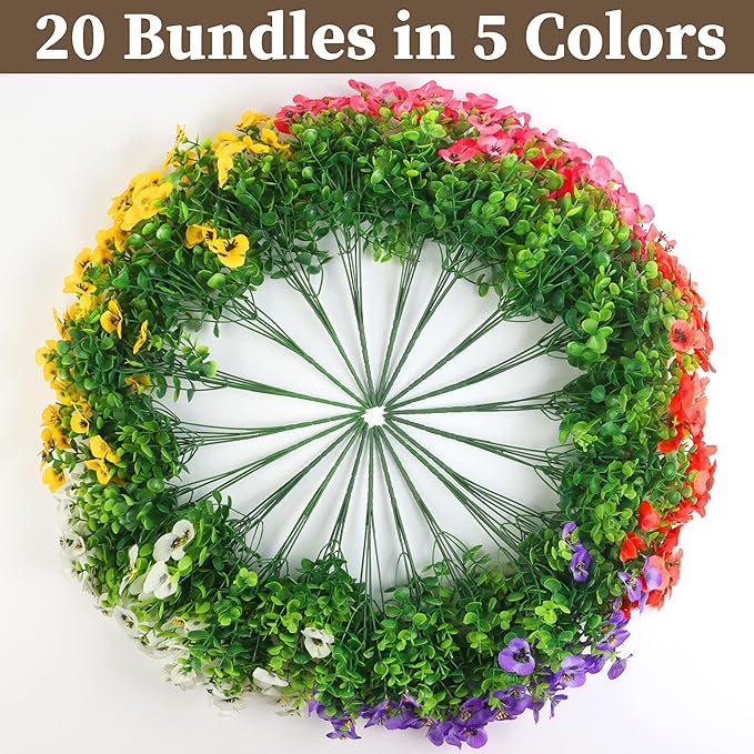 20 Bundles Artificial Fake Pansy Flowers for Outdoor - Yellow, White, Purple, Sunset red & deep pink Faux Pansies Flowers, Fake Flowers for Outdoor Planters, Porch, Garden, and Home Decoration