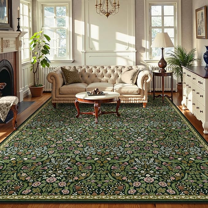 Moynesa Floral 10x14 Area Rugs for Living Room, Green Extra Large Rug for Bedroom Boho Washable Dining Room Rug, Non Slip Ultra Thin Soft Floor Carpet for Home Office Farmhouse, Green