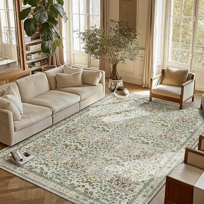 Washable Area Rug 6x9 - Oriental Vintage Dining Room Rug for Living Room, Bedroom, Kids Playroom & Baby Nursery - Low Pile, Non-Slip, Lightweight & Stain Resistant